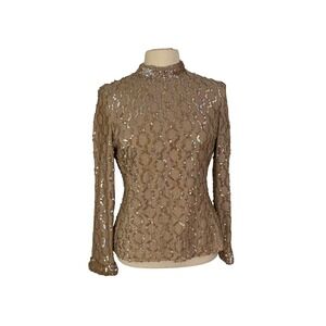 Lilli Diamond California Vintage Sparkly Sequin Mock Neck Long Sleeve Blouse Top